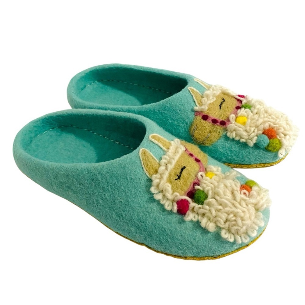 French Knot Wool Felt Embroidered Llama Slippers Size Large 9 - Picture 5 of 13